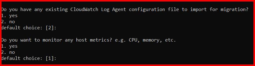 Picture showing the list of questions when amazon-cloudwatch-agent-config-wizard.exe is executed